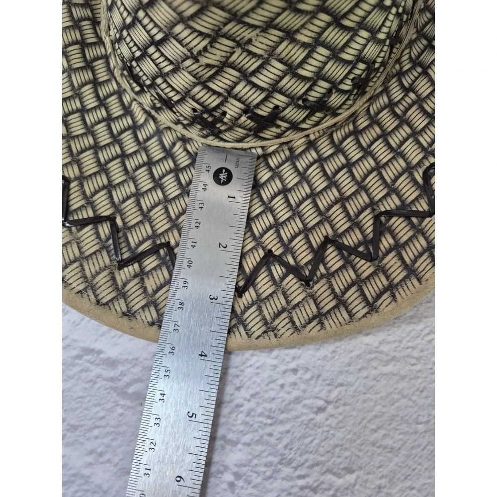 Mens Woven Straw Cowboy Hat Tan Black Wide Brim Western Sun Hat with Chin Strap